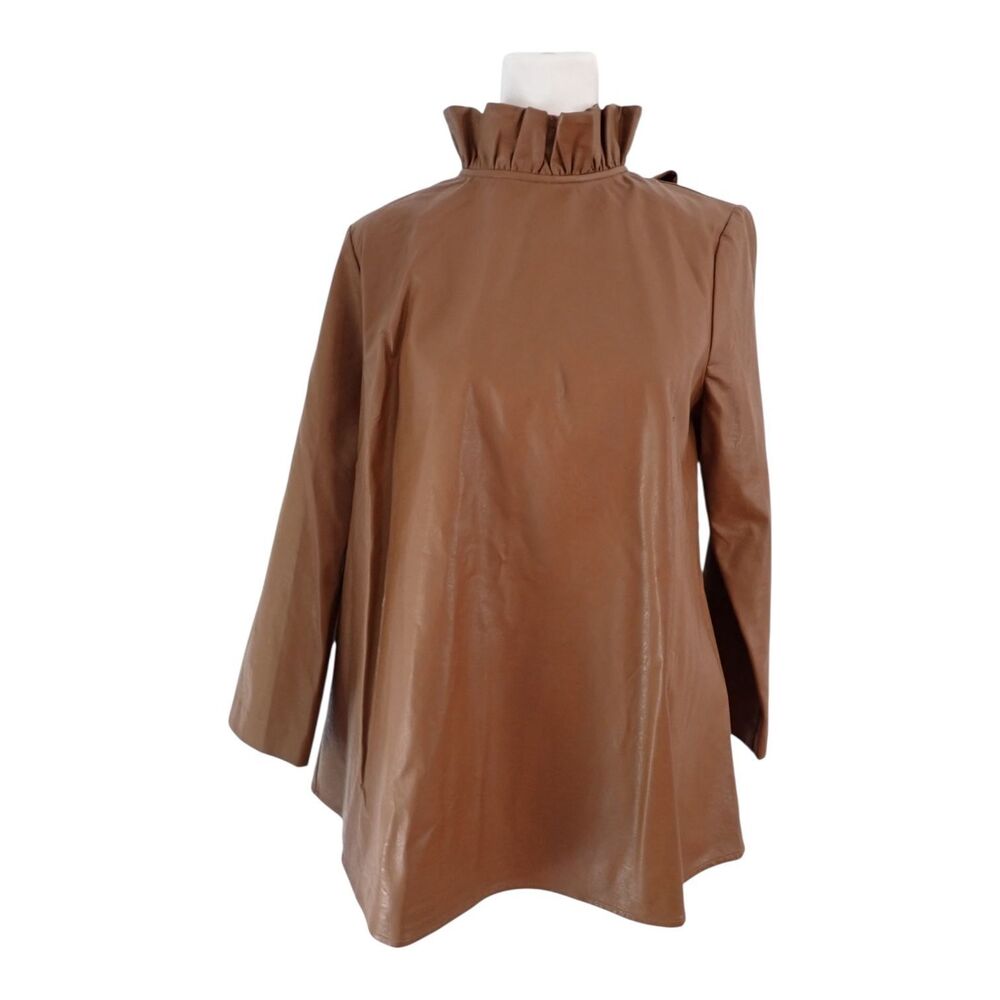 Tuckernuck Faye Blouse Medium Faux Leather Cognac Tie Neck Ruffle 3/4 Sleeve